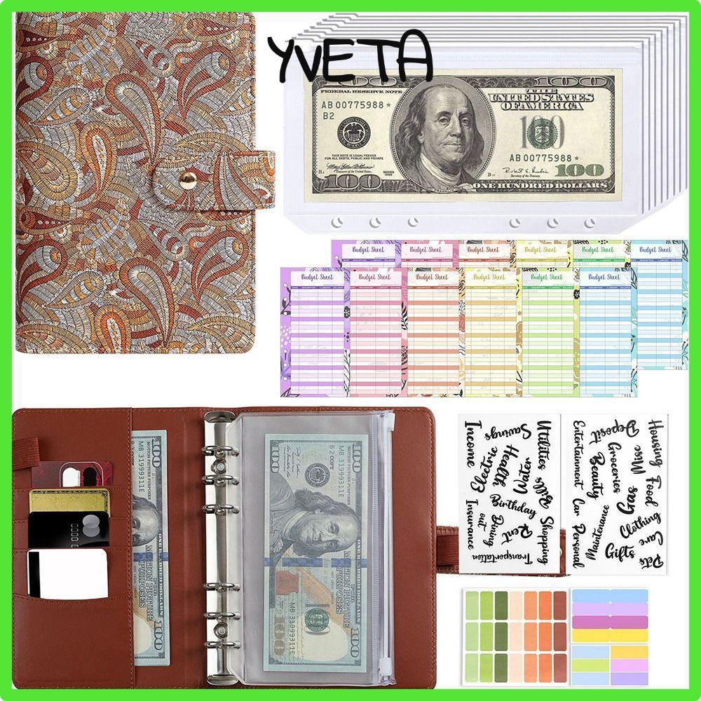 YVETA A6 Budget Binder, Save Money PU Leather Money Saving Binder, Cashew Flowers Zipper Cash Enense