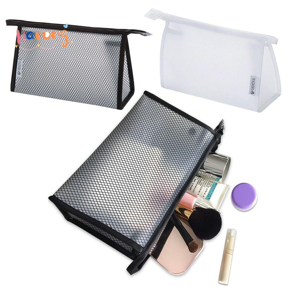 HARONG Makeup , กระเป๋าเครื่องสําอางสีดํา/ขาวซิป, กระเป๋าเก็บความงามตาข่าย EVA กันน้ําสําหรับผู้หญิง