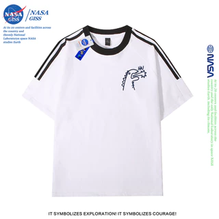 NASA เสื้อยืดสามแถบชายหญิง oversize แขนสั้น สไตล์ลำลอง summer ไดโนเสาร์น้อย คอตตอน100% คอกลม หลวมและระบายอากาศ
