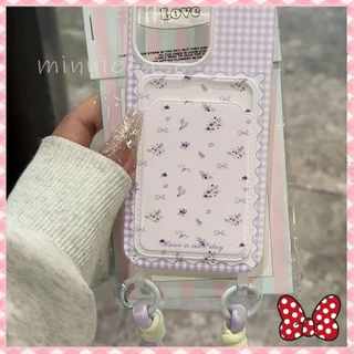 💜MINNIE💜โรแมนติกสีม่วงสดผู้ถือบัตรสายคล้องเคสเข้ากันได้กับ เคสไอโฟน 11 12 13 15 14 Pro Max XS XR X Max 7 15 8 14 Plus SE