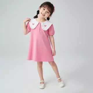 MooDeng Baby ชุดกระโปรงสุดน่ารัก เดรส เด็กผู้หญิงแขนสั้น เนื้อผ้าดี สีสวยๆ ผ้าระบายอากาศได้เป็นอย่างดี คอปกหัวใจ