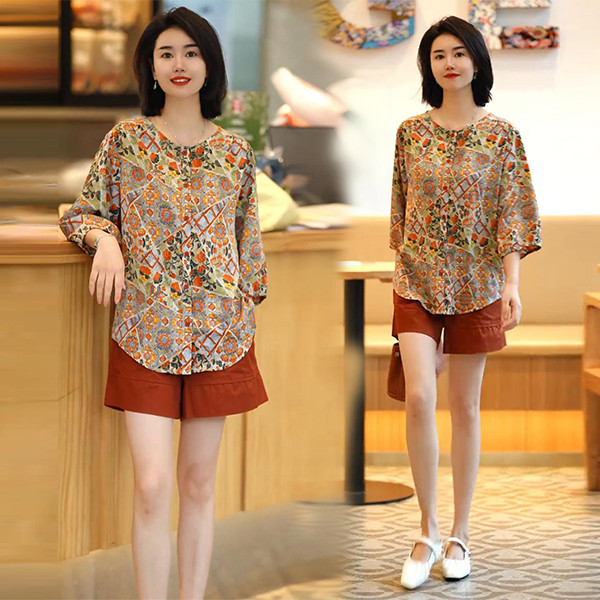 Red Berry เสื้อชีฟองคอทรงกลมทรงหลวม แขนยาว พิมพ์ลายดอกไม้ สไตล์ลำลองสำหรับวันหยุดพักผ่อนของผู้หญิง 99392