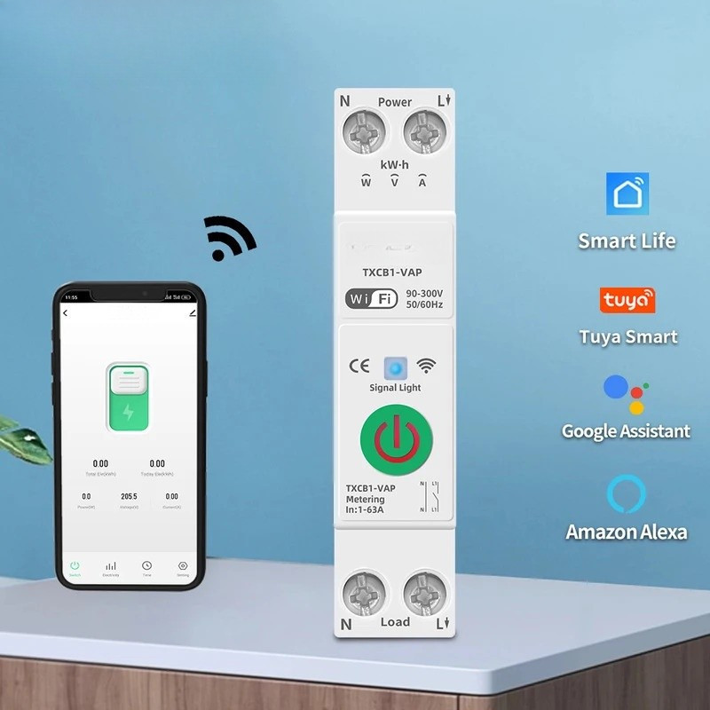 TLทํางานกับ Tuya WiFi สมาร์ท Circuit Breaker MCB 1P + N 63A Power kWh แรงดันไฟฟ้า Current Meter Protector