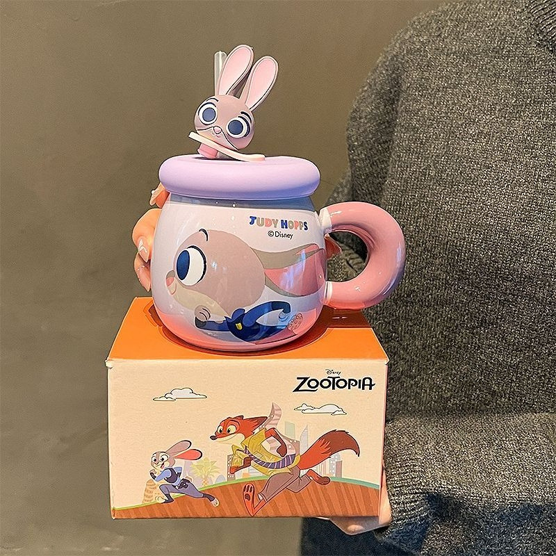 Zootopia Lightning แก้วเซรามิคสาวถ้วยน้ํา Judy Hopps Nick ถ้วยกาแฟเซรามิคแก้วของขวัญพร้อมฝาปิดสําหรับ Home