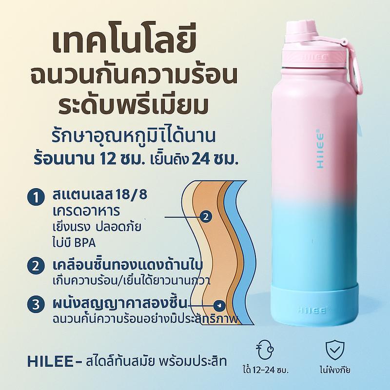 Hilee ขวดน้ำสแตนเลสเกรดการแพทย์ สีไล่เฉดสุดเท่  เก็บร้อน 12 ชม. เย็น 24 ชม. กันรั่ว 360° พร้อมสายหิ้