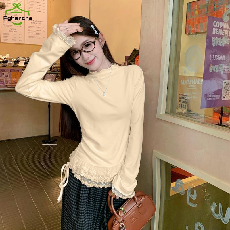 [FHC] เกาหลีหวานลูกไม้ Ruffled แผงรอบคอแขนยาว Slim เสื้อยืดสําหรับผู้หญิง [fhc]