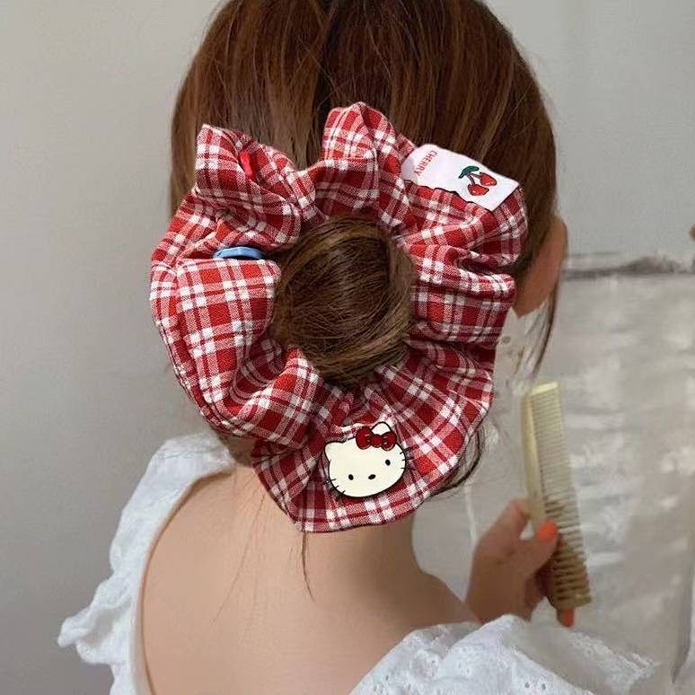 Cute Hello Kitty Red Plaid Large Intestine Hair Ring High Elasticity Sweet Girly Style Head Plate Pl