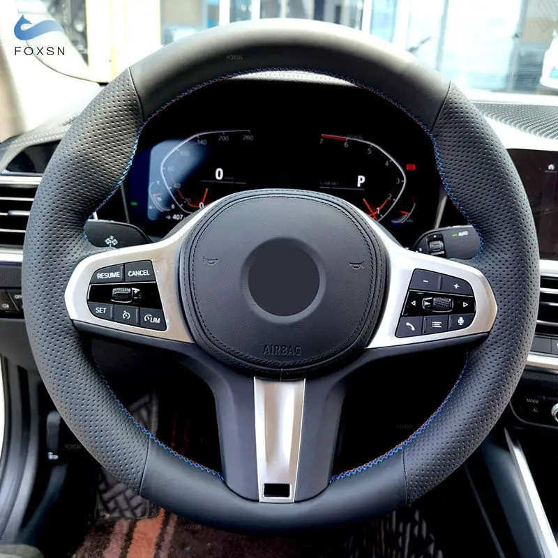 Black - red blue line Perforated Leather Steering Wheel Cover For BMW M Sport G30 G31 G32 G11 G20 G2