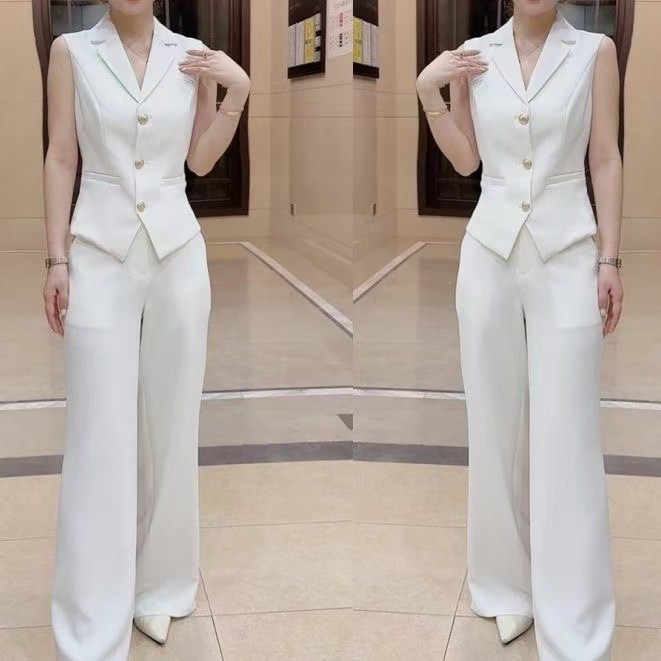 Simple Commuter Old Money สไตล์แฟชั่นชุดกางเกงขากว้างผู้หญิง Western สไตล์ชุดอย่างเป็นทางการ Classy 