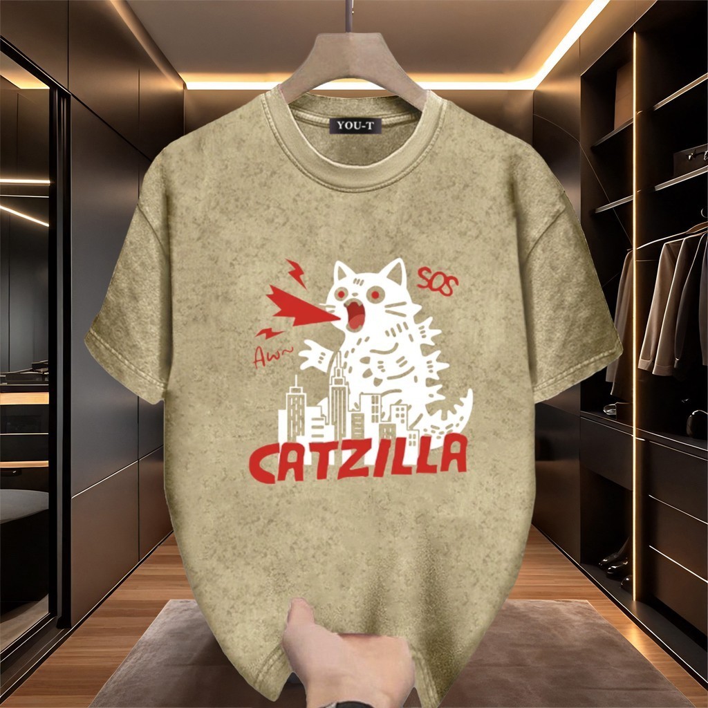 Top.street [COD] เสื้อฟอกดำ เสื้อยืด oversize cotton100% ไม่ต้องรีด แฟชั่น แนวสตรีท ไม่จำกัดเพศ 'CATZILLA cat' 3xl