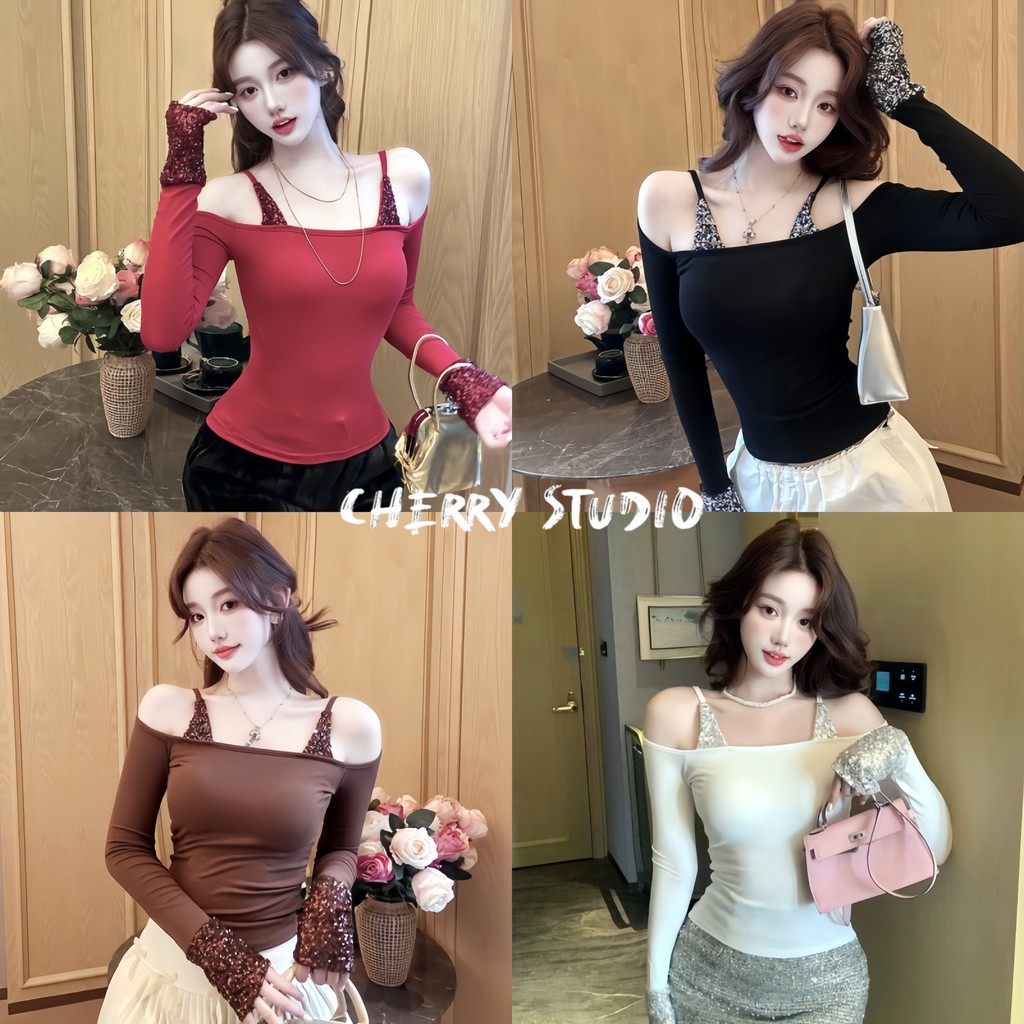 Cherry 🎸พร้อมส่ง🍎เสื้อปาดไหล่แขนยาวสายเดี่ยวสีแดง ลายเลื่อมดีไซน์สุดเก๋ไก๋ สไตล์ชิคเหมาะกับชุดเที่ยวปีใหม่สวยเด่นไม่ซ้
