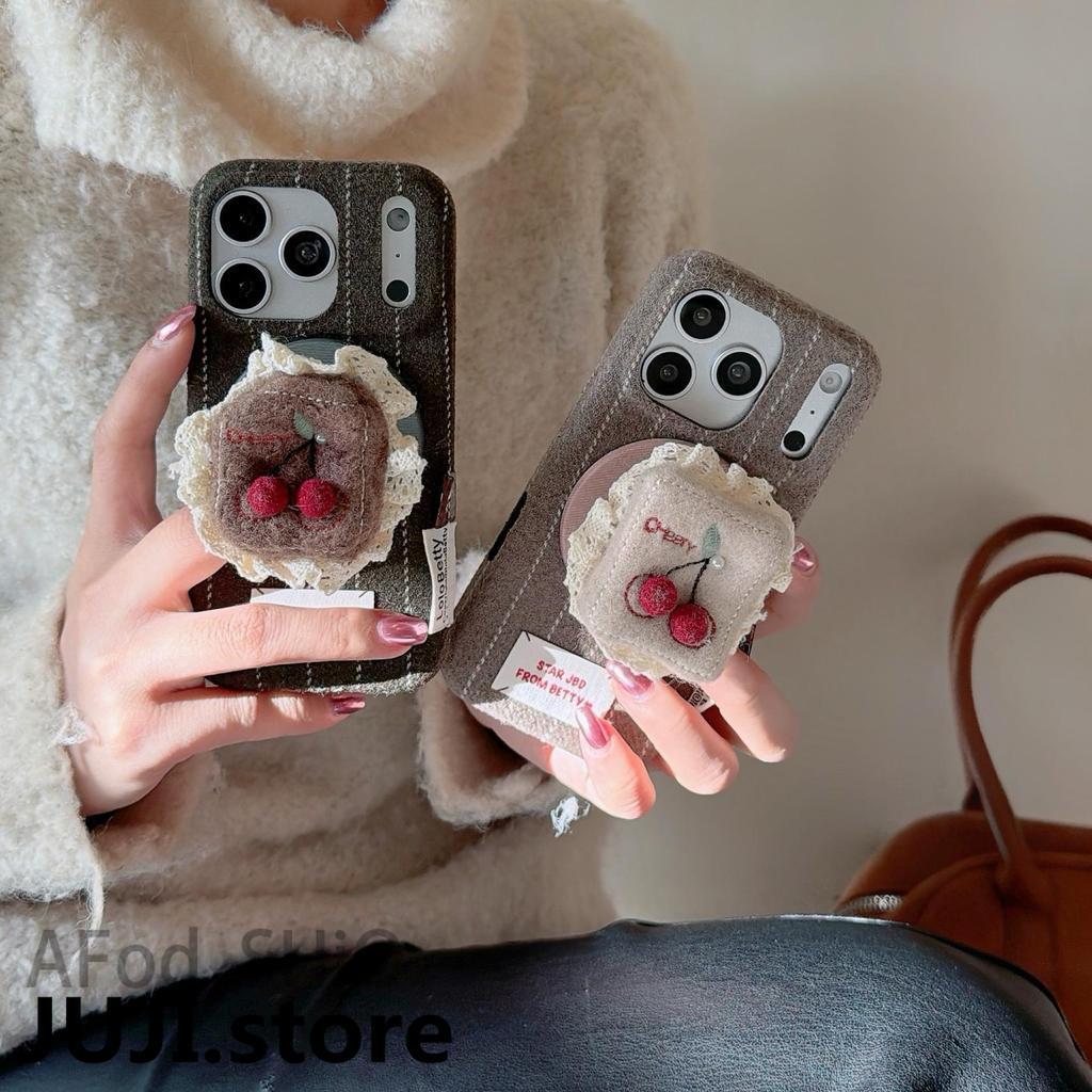 ลูกไม้สีขาว Trim 3D Cherry Decor Retro Label สําหรับ iPhone 17ProMax 16Pro สําหรับ iPhone 17 ProMax 