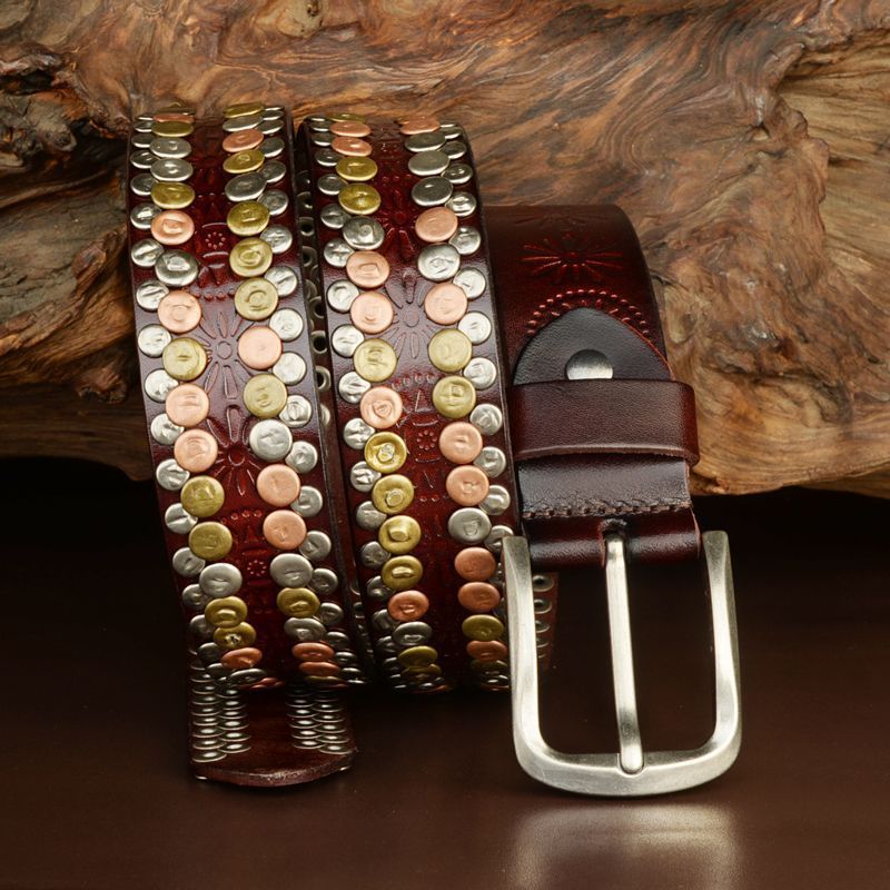 First Layer Cowhide Round Stud Belt Mens Pin Buckle Jeans Belt Hip Hop Hard Cowhide Rivet Belt หนังแ