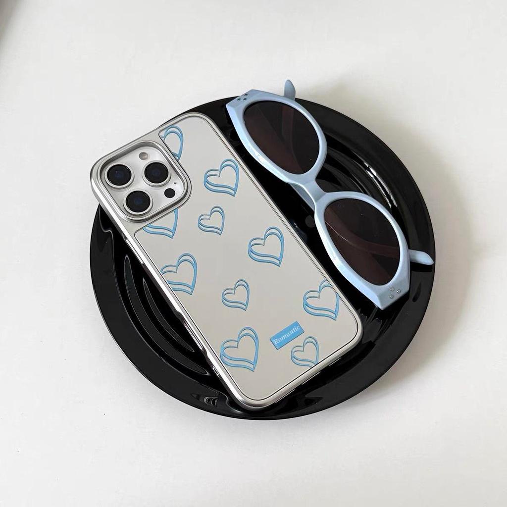 Light Blue Heart Mirror Electroplated Silver Edge Mirrorเคสโทรศัพท์สําหรับIphone 11 16 15 13 12 14 1