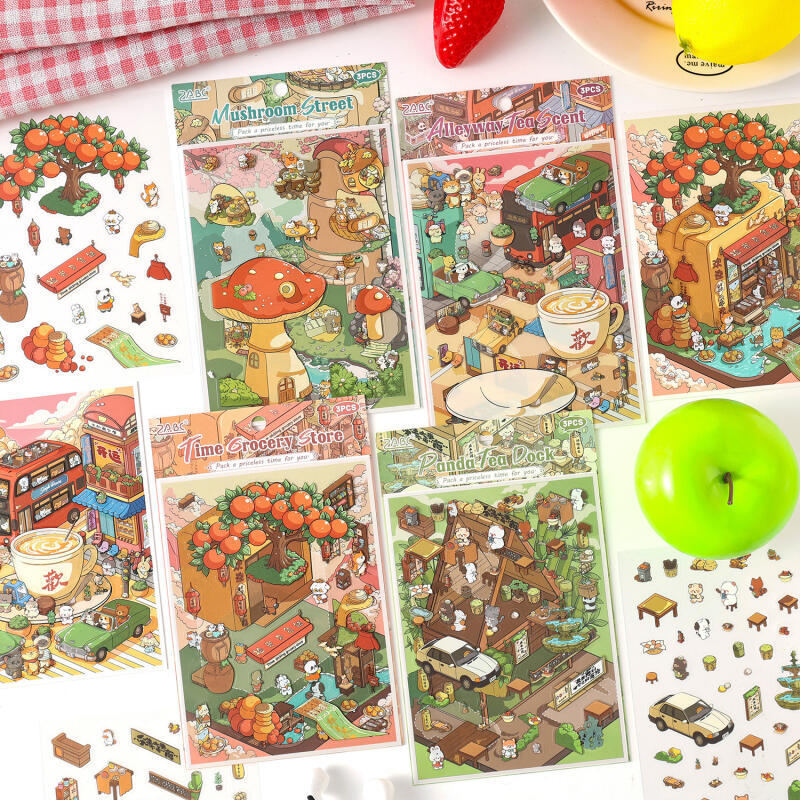 KOWEI 3 ชิ้น [Time Memoir Series] สติ๊กเกอร์ภูมิทัศน์วัสดุกันน้ํา 3D การ์ตูนสไตล์ Alley ชาน้ําหอม Sh