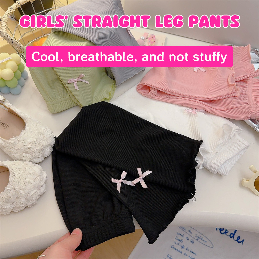 กางเกงลำลองสำหรับเด็กผู้หญิงสไตล์เกาหลีใหม่สำหรับฤดูร้อน ตกแต่งด้วยโบว์: ทรงขาตรงเข้ารูป สีพื้น - รูปที่ 2