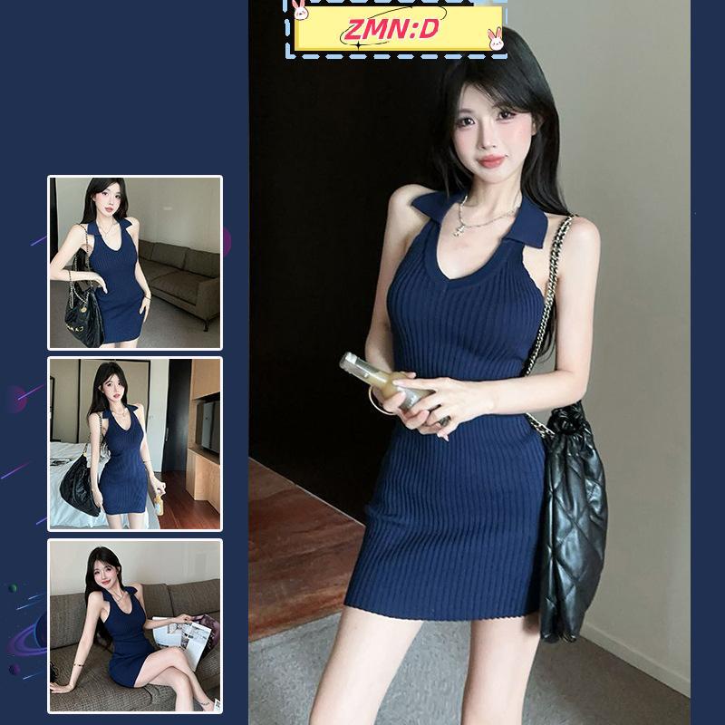 ZMN:D ฤดูร้อน Pure Desire เซ็กซี่ V คอแขนกุด Slim ถักสะโพกชุดสําหรับผู้หญิง RRT