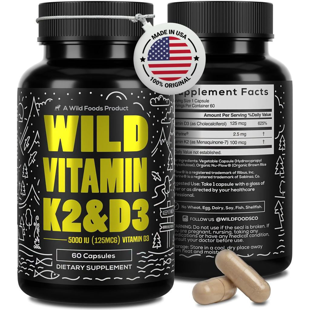 Wild Food 5,000 International Unit วิตามิน D3+K2 |     100 ไมโครกรัม ม.ค.7 มีสารสกัดจากพริกไทยดําจาก