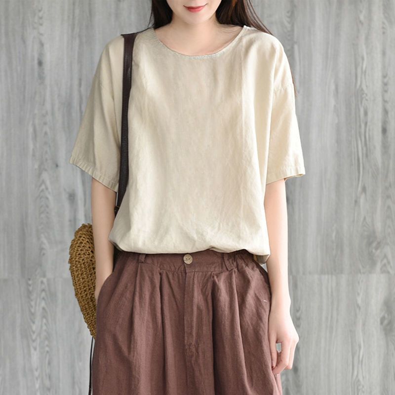 Leak-Picking Counter Pullover Linen Top ผู้หญิงสีทึบ All-Match หลวมรอบคอผ้าฝ้ายผ้าลินินแขนสั้นเสื้อย