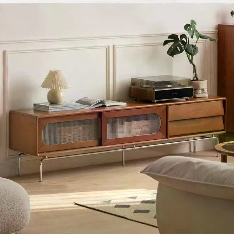 Duty-Free Solid Wood TV French TV Retro Glass ประตูบานเลื่อน TV Locking TV Living Room Storage High 