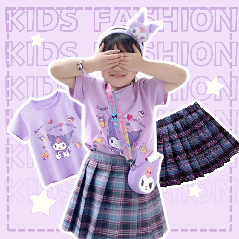 สาว Jk ชุดผ้าฝ้าย Sanrio พิมพ์เสื้อยืดลายสก๊อตคลาสสิก Jk กระโปรงจีบ Scrunchies สไตล์วิทยาลัยชุด 3 ชิ้น