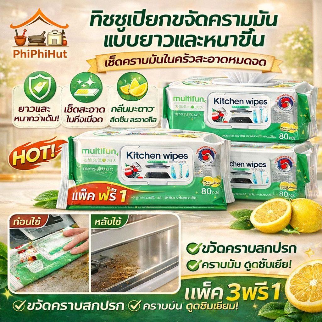 💕PPH ทิชชูเปียกขจัดคราบมันในครัวแบบยาวและหนาขึ้นขจัดคราบน้ำมันหายเกลี้ยงในครั้งเดียว​