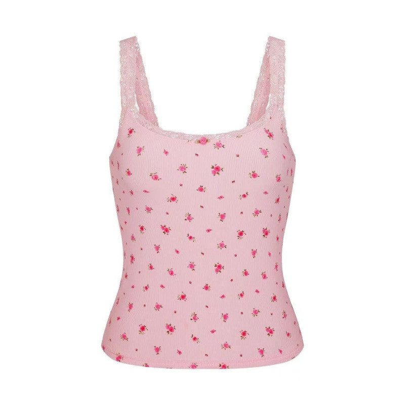 skims Kardashian floral pink stretchy tight top with lace straps