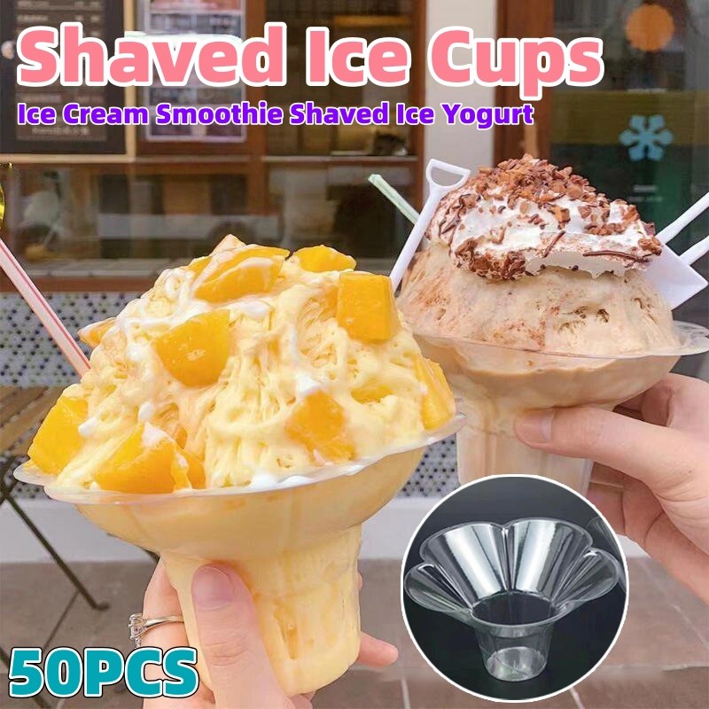 ถ้วยน้ําแข็งไสแบบใช้แล้วทิ้ง 50 ชิ้น Clear Ideal สําหรับไอศกรีม Smoothie Shaved Ice Yogurt ชามขนมหวา