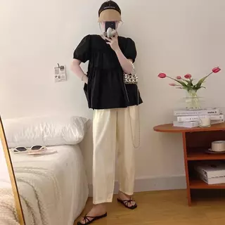 เสื้อเชิ้ตแขนตุ๊กตา ทรงเค้กหลวมๆใส่สบาย ปิดหน้าท้องได้ดี แฟชั่นฤดูร้อนสไตล์เกาหลี-พร้อมส่งจากไทย-รุ่นW630