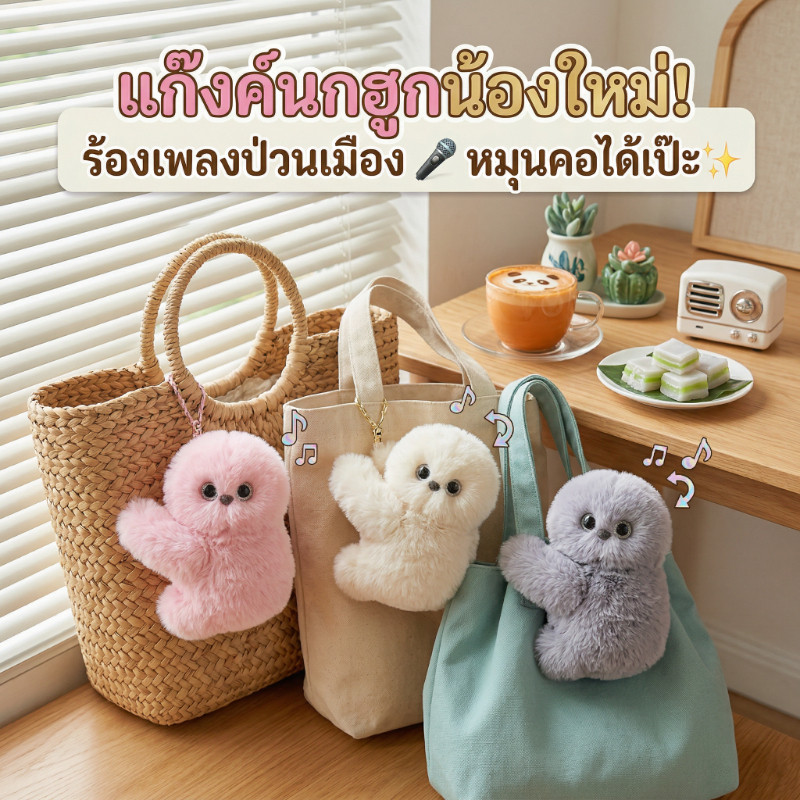 ที่แขวนตุ๊กตานกฮูกขี้อาย ของเล่นน่ารักสามารถโต้ตอบได้ หันหัวร้องเพลง ตุ๊กตาขนฟู สำหรับห้อยกระเป๋า