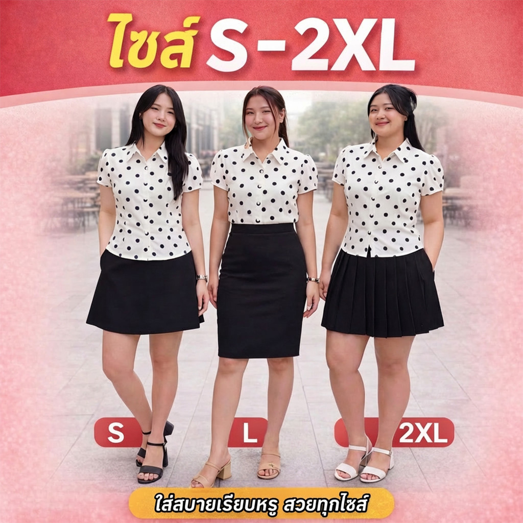 เสื้อลายจุดลุคคุณหนู เกาหลีหวานๆ มีสายผูกเอวด้านหลัง ทรงสวยดูแพง