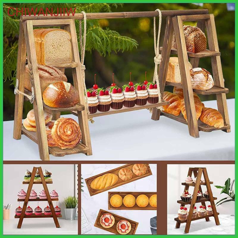 [chiwanjiiw] Rustic Tiered Cupcake Stand ถาดเสิร์ฟไม้สําหรับกิจกรรมวันเกิด Pastry Display Buffet ร้า