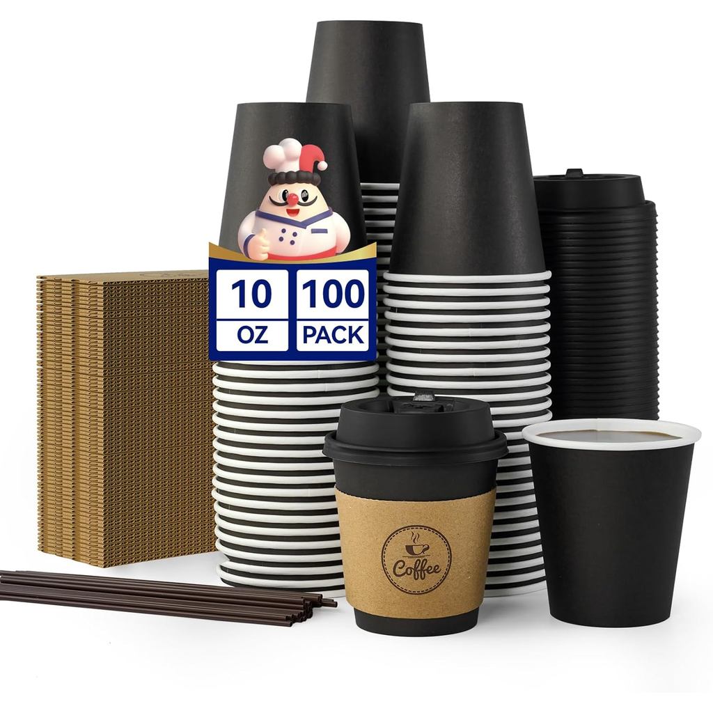 JOLLY CHEF 100 นับ 10 ออนซ์ถ้วยกาแฟพร้อมฝาปิด, แขนและกวนสําหรับบ้าน, สํานักงาน, ห้องครัว, คาเฟ่, ถ้ว