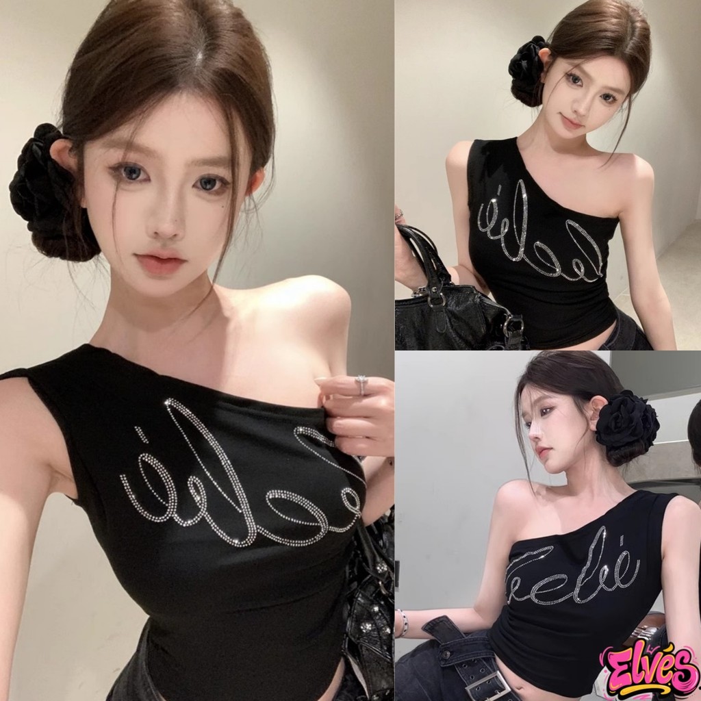 Elves พร้อมส่ง💟เสื้อกล้ามทรงรูป มินิมอล แต่งลายเพชร ทรงครอปสั้น สีพื้น เสื้อแฟชั่น"FY576"