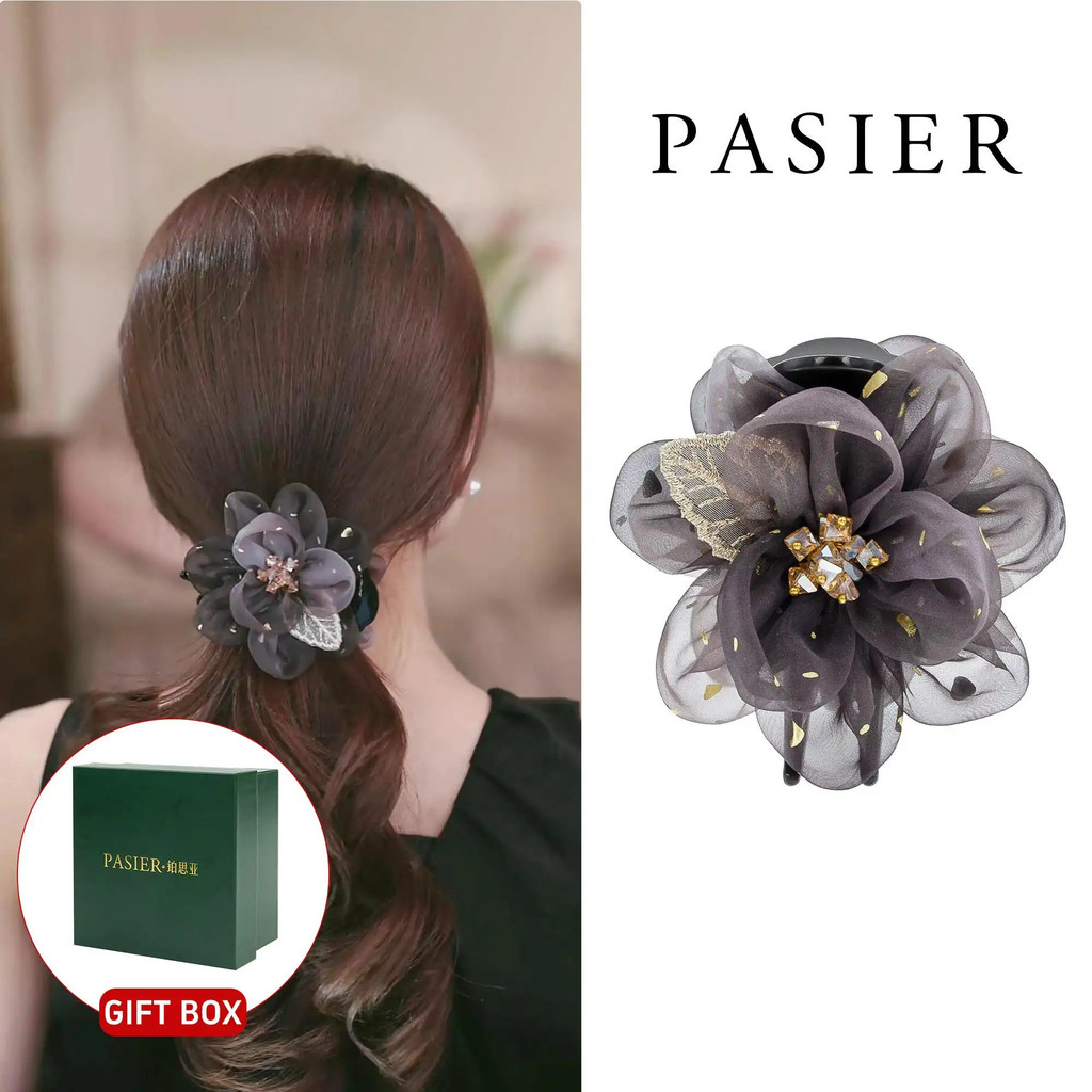 PASIER กิ๊บติดผมลายดอกไม้ Hepburn ดีไซน์ดอกไม้บาน 8 ซม. สไตล์หรูหรา คลิปเฉพาะสําหรับทรงผมมวยหรูหรา NN121