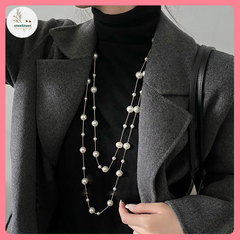 UU สร้อยคอสเวตเตอร์มุกจําลองสองชั้นหรูหราสําหรับผู้หญิงคอปกหญิงสร้อยคอโซ่ยาว VN