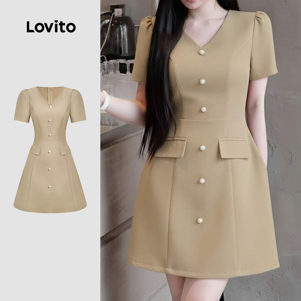 Lovito เดรสลําลองติดกระดุมกระเป๋าฤดูใบไม้ผลิ/ฤดูร้อนสีกากีสําหรับผู้หญิง L171ED015
