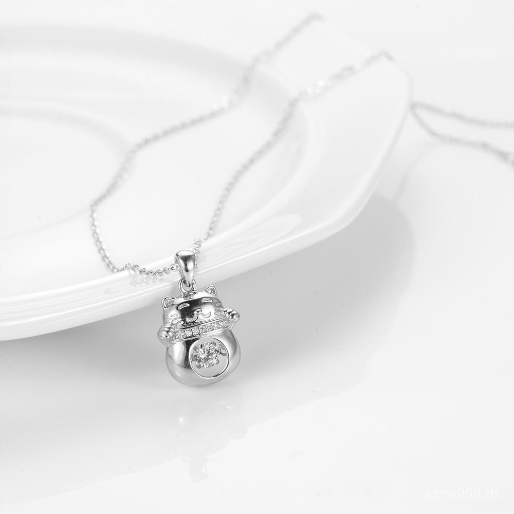 Clavicle Chain จี้เงินสเตอร์ลิง Niche Lucky Cat สมาร์ทออกแบบสร้อยคอ S925 ของขวัญวันเกิด Diamond-Stud