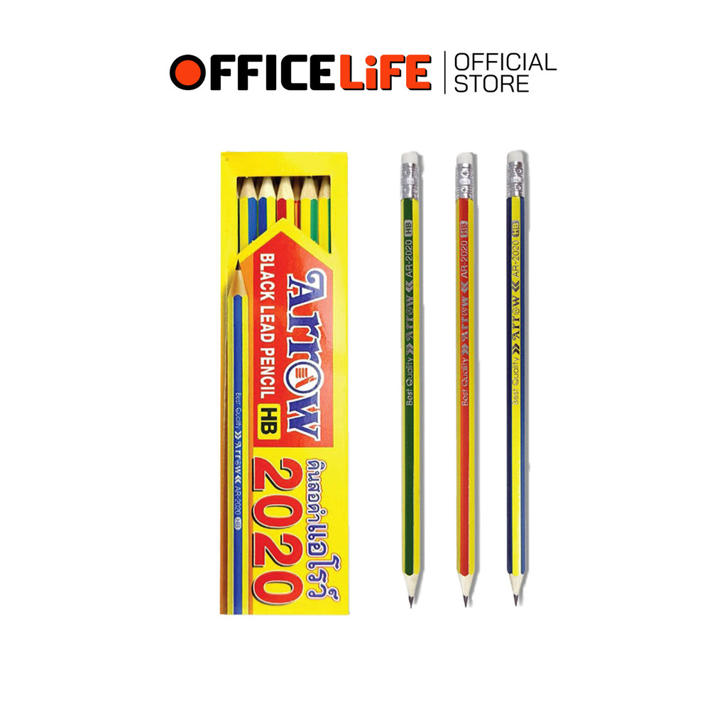 Arrow (ตราแอโรว์) ดินสอดำ แท่งเหลี่ยม มียางลบ รุ่น AR-2020 ความเข้ม HB ( 12 ด้าม / กล่อง คละสี )