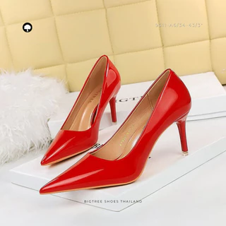 Bigtree Shoes Thailand ส้นสูงหนังแก้วหัวแหลม ใส่ทำงาน-ออกงาน สูง 3/4 นิ้ว | ไซซ์ 34-43 | รุ่น 9511-6