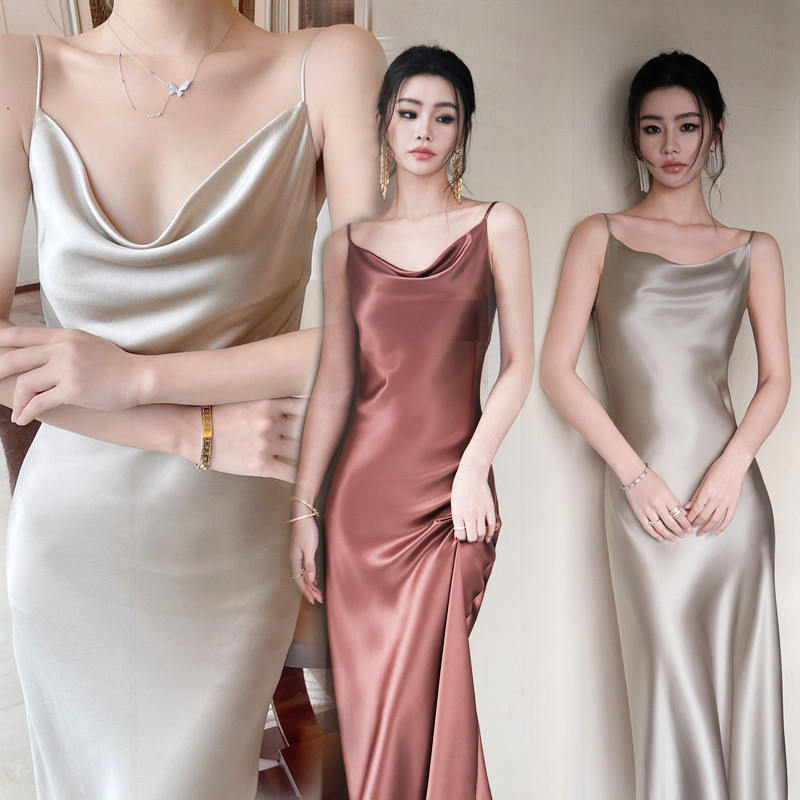 BGเดรสยาวสายเดี่ยว ดีไซน์เรียบหรู ไฮเอนด์ ทรงหลวม เนื้อผ้านุ่ม สไตล์เกาหลี จัดส่งจากประเทศไทย 99023