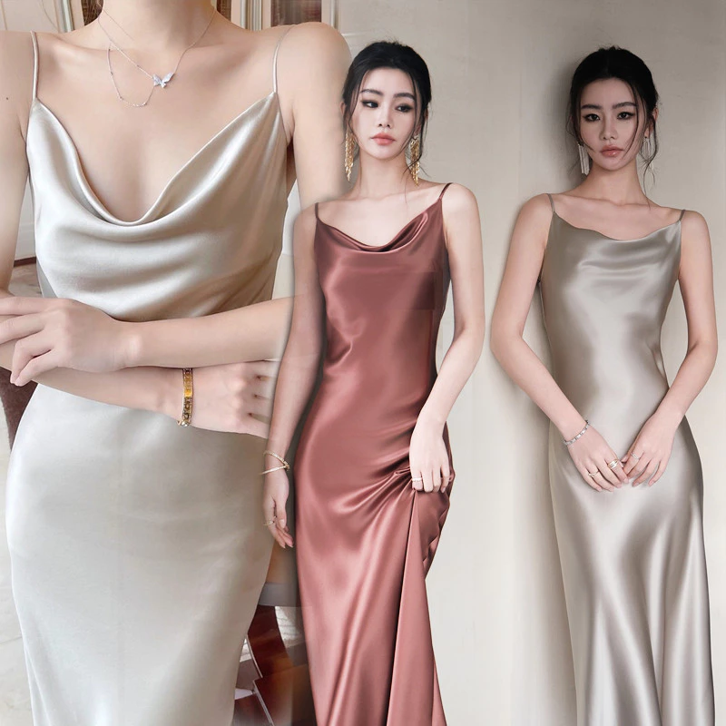 BGเดรสยาวสายเดี่ยว ดีไซน์เรียบหรู ไฮเอนด์ ทรงหลวม เนื้อผ้านุ่ม สไตล์เกาหลี จัดส่งจากประเทศไทย 99023