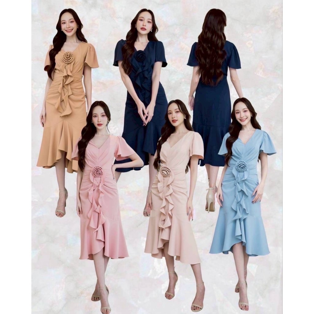 เดรสยาว ชุดราตรี ชุดออกงาน NP072 เรียบร้อย แขนสั้น คอวี จีบพรางหน้าท้อง ดอกไม้ ชุดราตรี Woman Dress