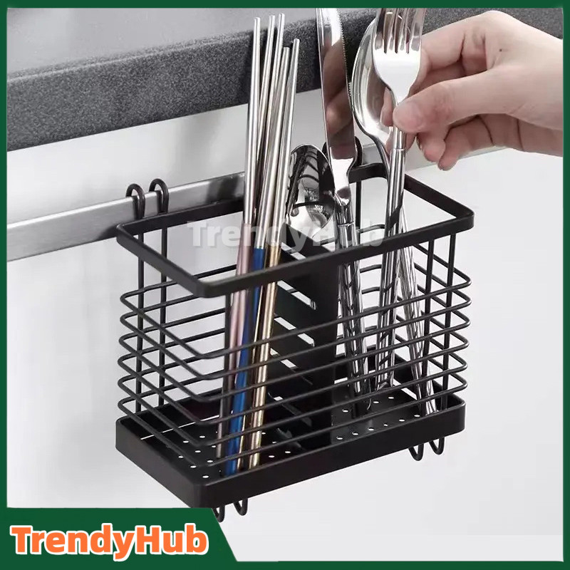 ติดผนังเหล็กคาร์บอนตะเกียบกรง Hollow Square Tableware เก็บหลอดช้อนที่ถอดออกได้ Drain Rack ครัวเก็บเครื่องมือ