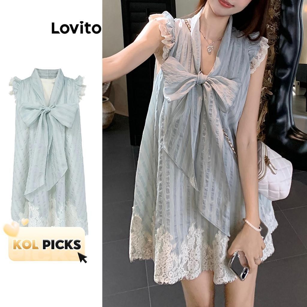 (KOL‘s pick) Lovito ชุดเดรสลําลองชุดเดรสด้านหน้าโบว์ลูกไม้ลายทางสําหรับผู้หญิง LNA75576 (หลากสี)