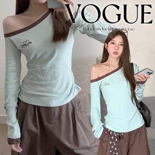 Vogue🌟พร้อมส่ง🌟 เสื้อแขนยาวเปิดไหล่สีเขียว สไตล์มินิมอล ผ้านุ่มใส่ง่าย (FY4484)