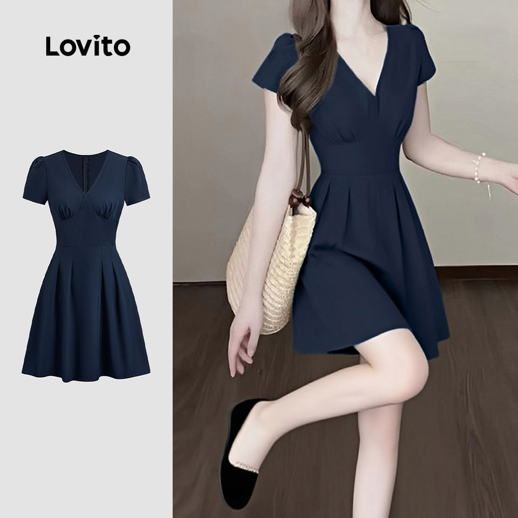 Lovito ชุดลำลองฤดูใบไม้ผลิ/ฤดูร้อน โทนสีน้ำเงินเข้ม ทรงเอ (L151AD454)
