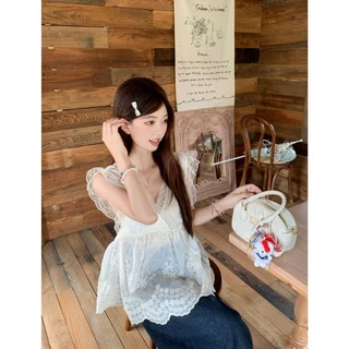 LINNA~Xเวอร์ชันเกาหลี คอวี ลูกไม้ แขนกุด เสื้อเชิ้ต รุ่นใหม่ สไตล์แฟชั่น