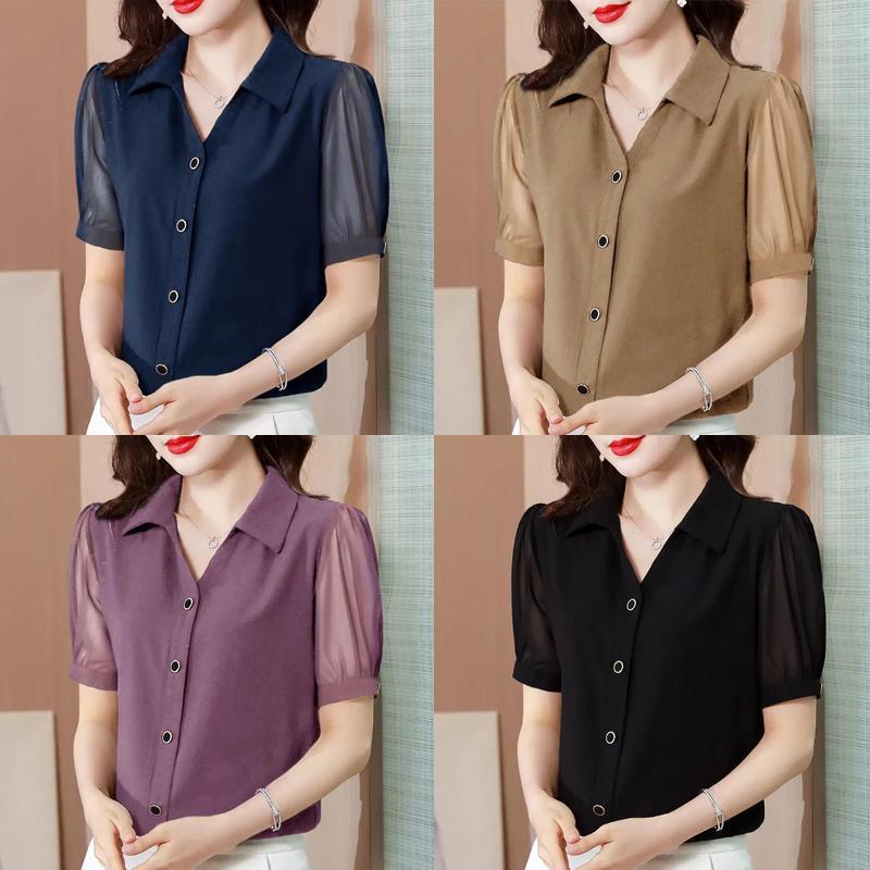 poppy#เสื้อเชิ้ตผู้หญิง เสื้อผู้หญิง แขนสั้น ผ้าชีฟอง คอวี แขนพอง แขนผ้าโปร่ง กระดุมแถวเดียว มีหลายสีให้เลือก#W692
