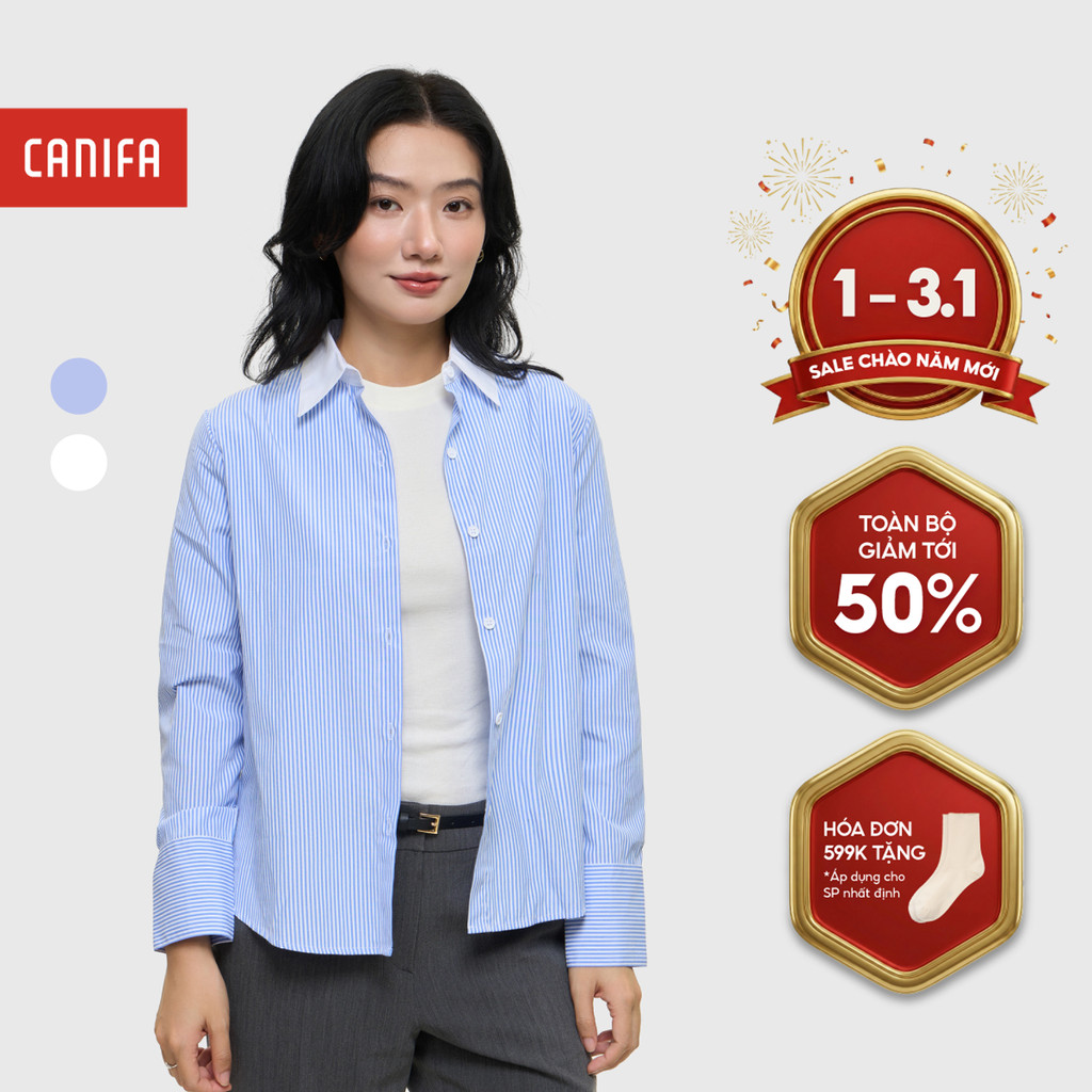 CANIFA เสื้อเชิ้ตคอปกแขนยาวผู้หญิงลายทาง 6TH25W001